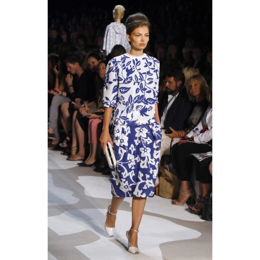 Diane Von Furstenberg Floral Sequin Drape‎ Skirt In White & Blue Size 10